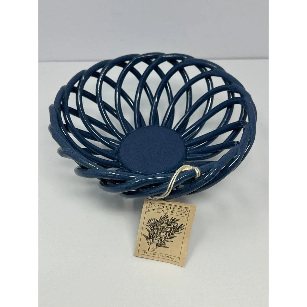 Vintage NEW Blue Eucalyptus Stoneware Woven Bread Warming Basket Made In USA
